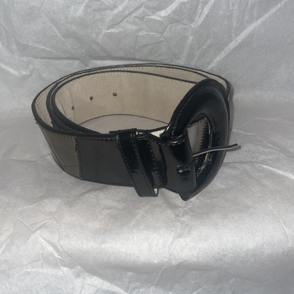 Vintage Women's Leather Belt XL Black Green Silver Animal Print